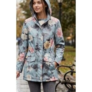 Altar'd State Floral Blue Hooded Raincoat Anorak Water Resistant Jacket XS EUC‎
